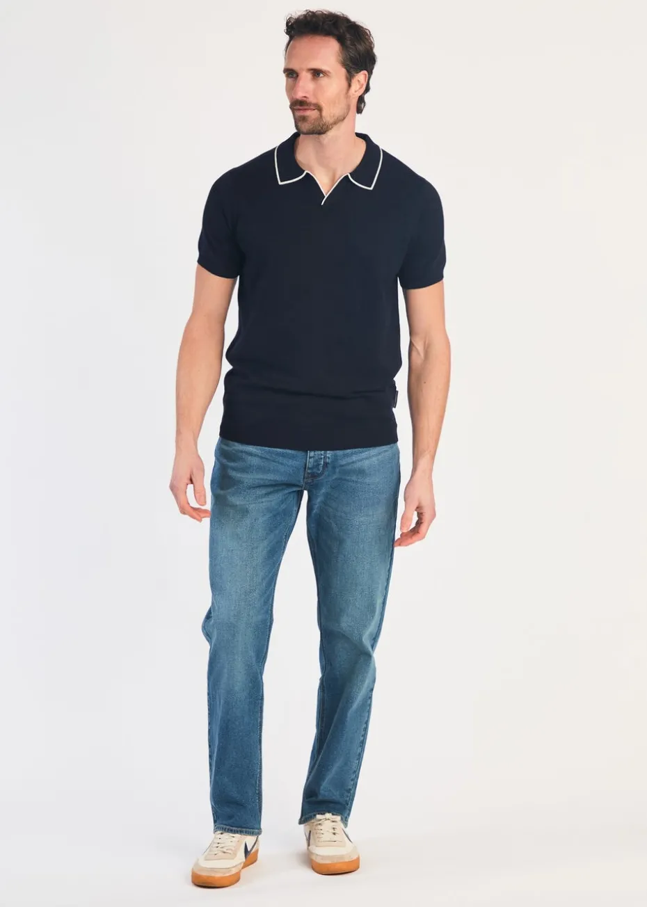 French Connection Navy Short Sleeve Open Collar Trimmed Polo Shirt