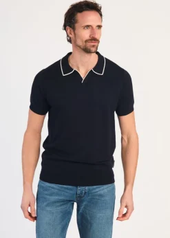 French Connection Navy Short Sleeve Open Collar Trimmed Polo Shirt