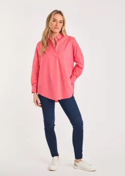 French Connection Pink Cotton Long Sleeve Poplin Popover High-Low Hem Shirt
