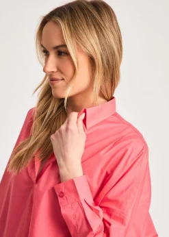 French Connection Pink Cotton Long Sleeve Poplin Popover High-Low Hem Shirt