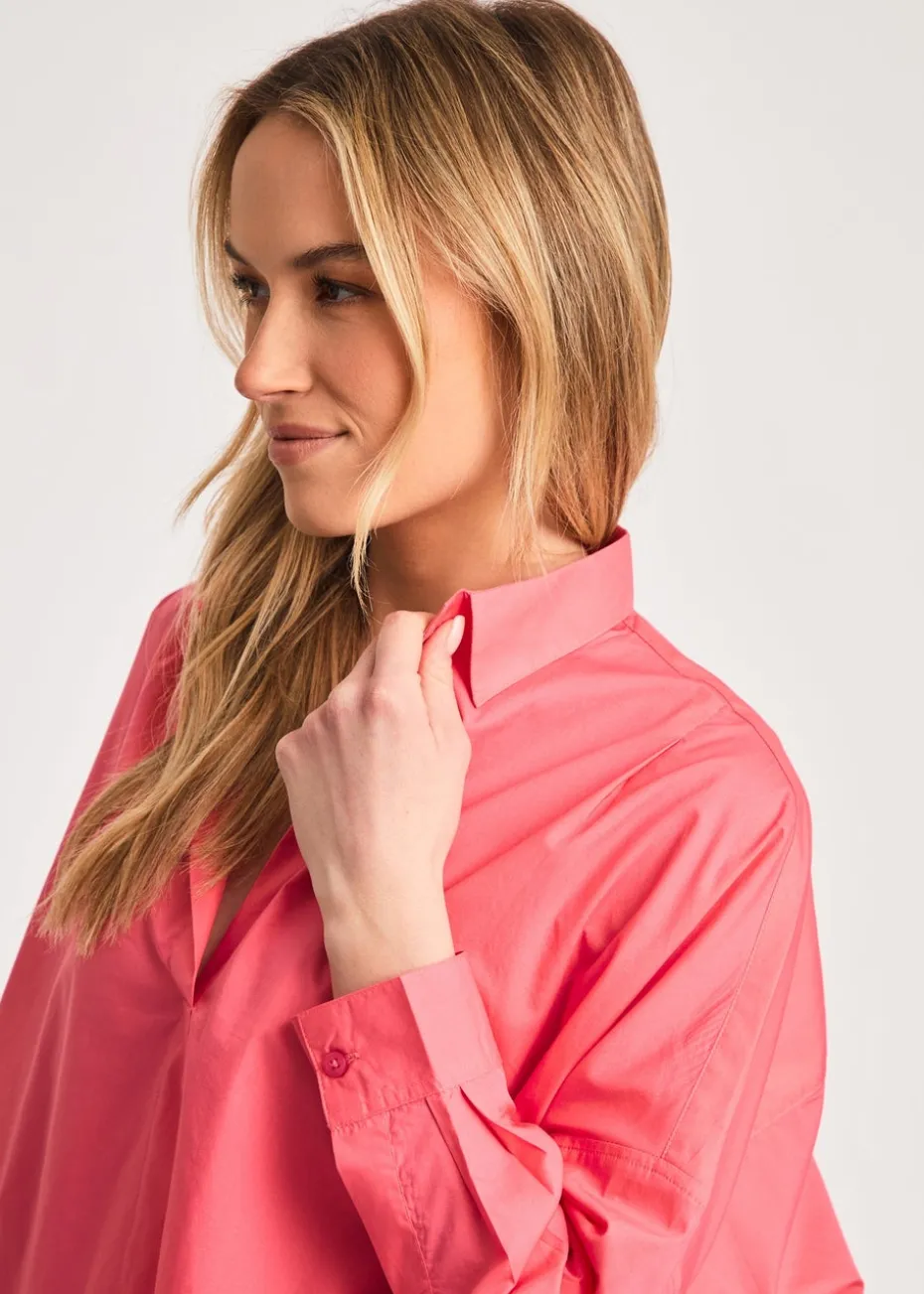 French Connection Pink Cotton Long Sleeve Poplin Popover High-Low Hem Shirt