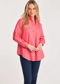 French Connection Pink Cotton Long Sleeve Poplin Popover High-Low Hem Shirt