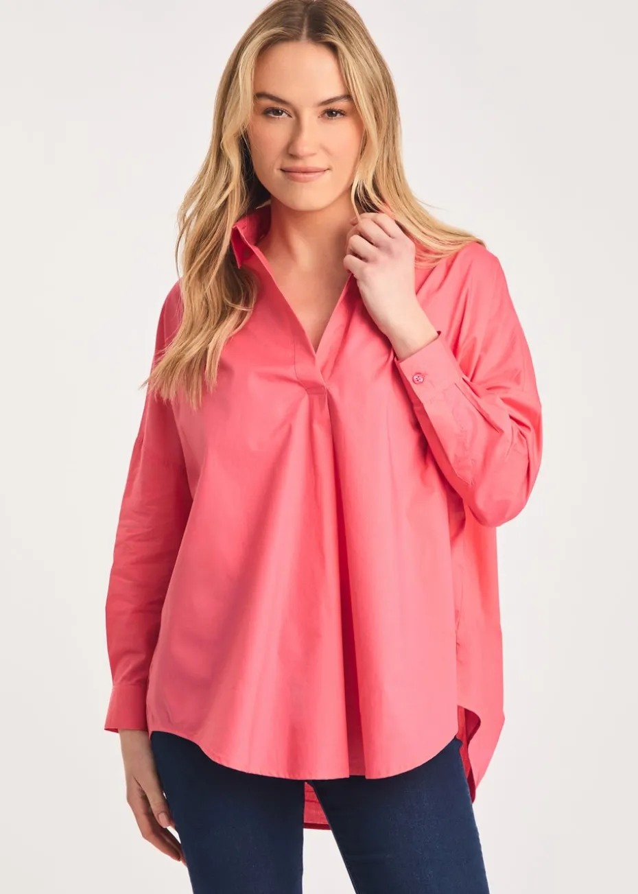French Connection Pink Cotton Long Sleeve Poplin Popover High-Low Hem Shirt