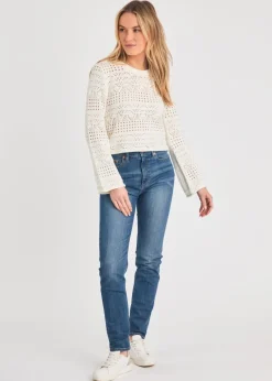 French Connection White Crew Neck Long Sleeve Crochet Bobble Knit Jumper