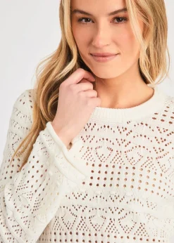 French Connection White Crew Neck Long Sleeve Crochet Bobble Knit Jumper