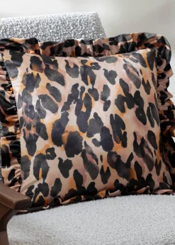 Furn Leopard Ruffle Printed Velvet Ruffle Multi Cushion (45 x 45 x 8 cm)