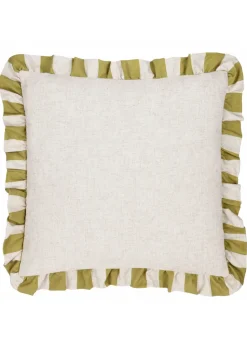 Furn Linen Stripe Printed Ruffle Olive Cushion (50 x 50 x 8 cm)