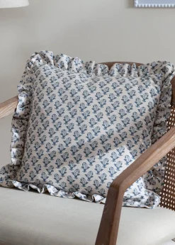 Furn Lulah Block Printed Ruffle Blue Cushion (45 x 45 x 8 cm)