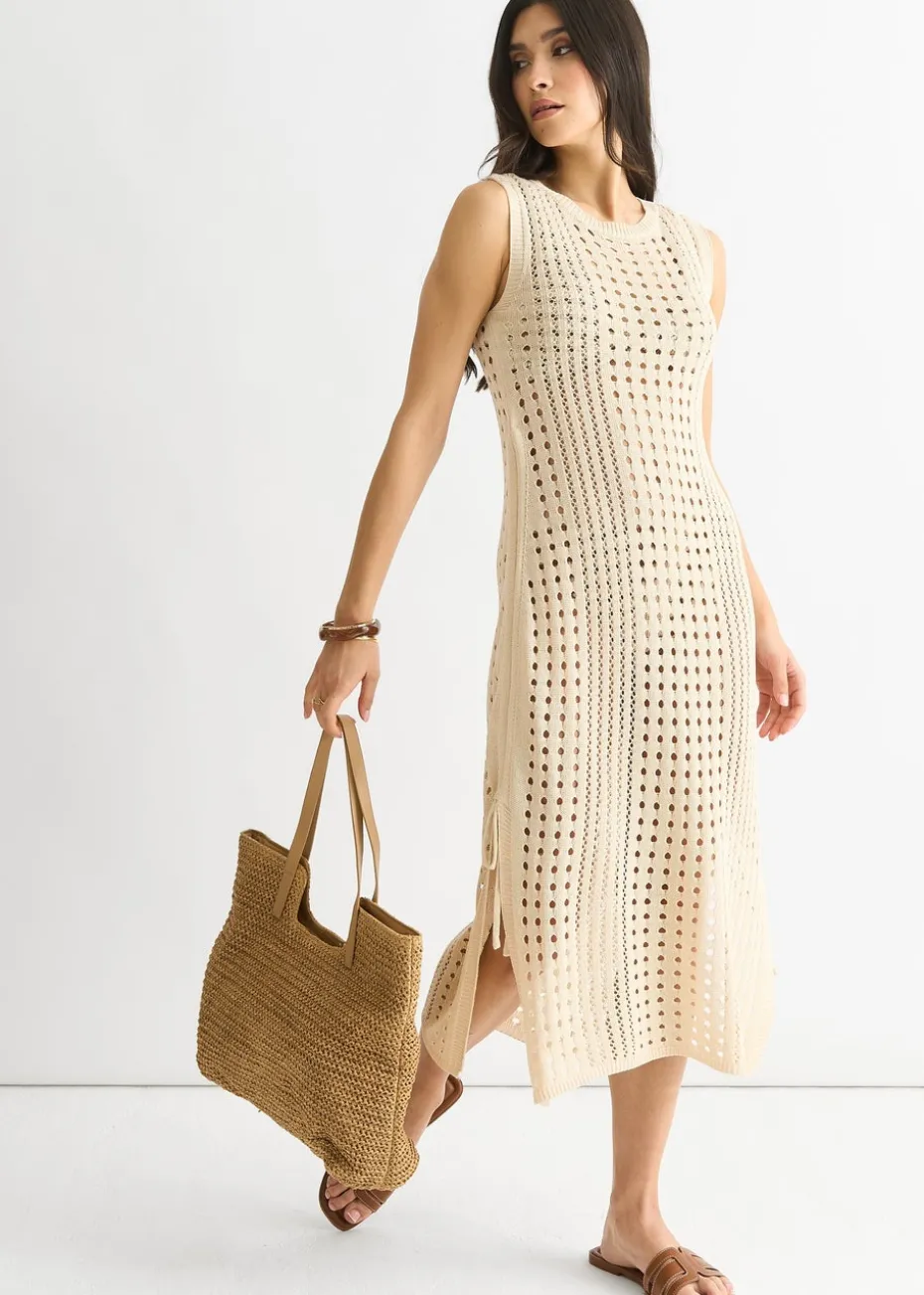 Gini London Beige Crochet Knit Bodycon Midi Dress