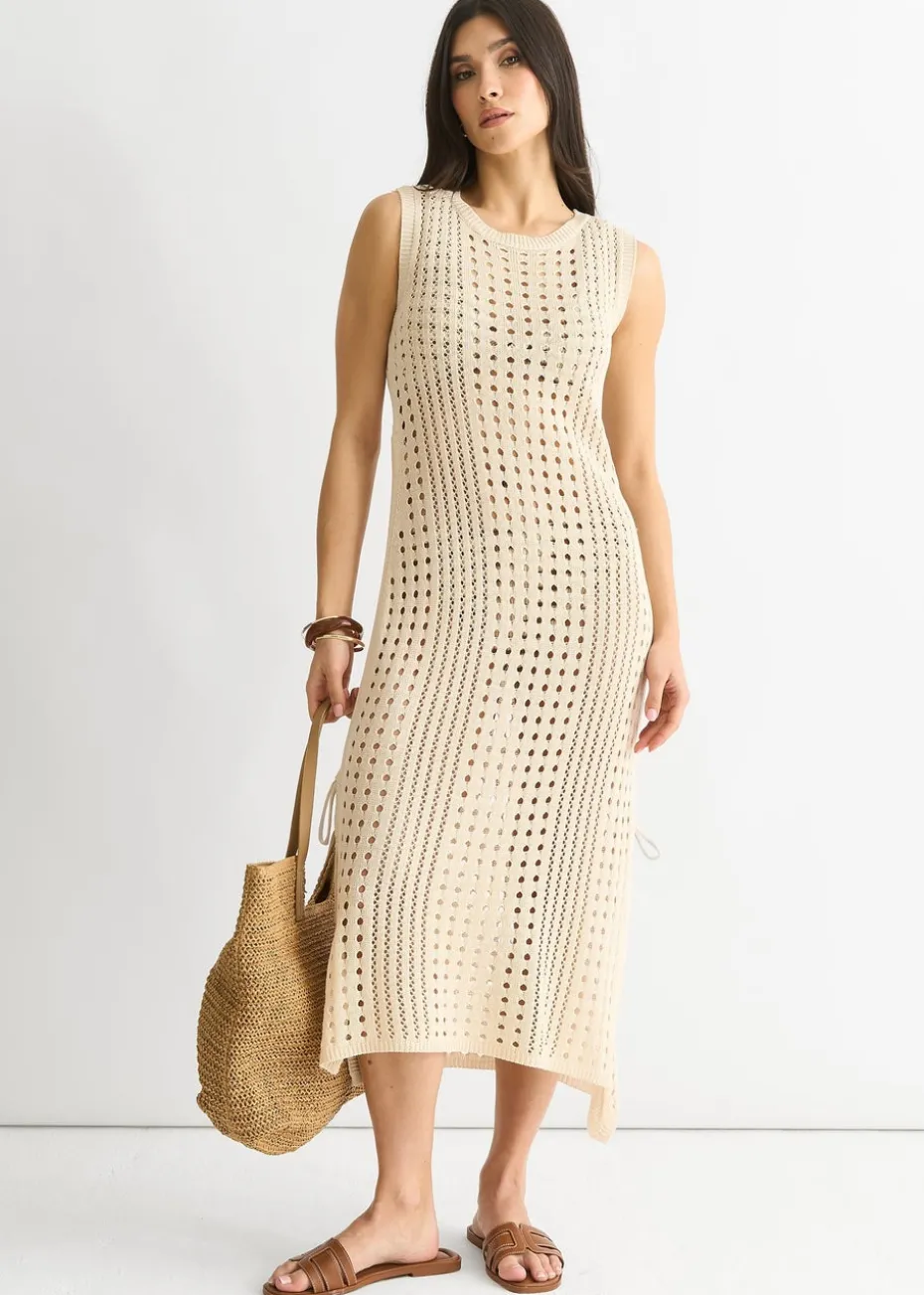 Gini London Beige Crochet Knit Bodycon Midi Dress