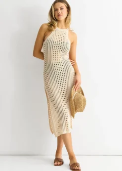 Gini London Beige Crochet Knit Bodycon Slit Dress