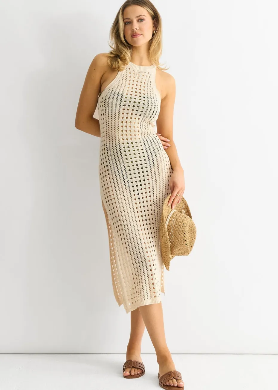 Gini London Beige Crochet Knit Bodycon Slit Dress