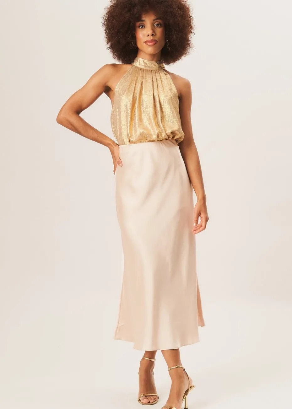 Gini London Beige Satin Bias Cut Midi Skirt