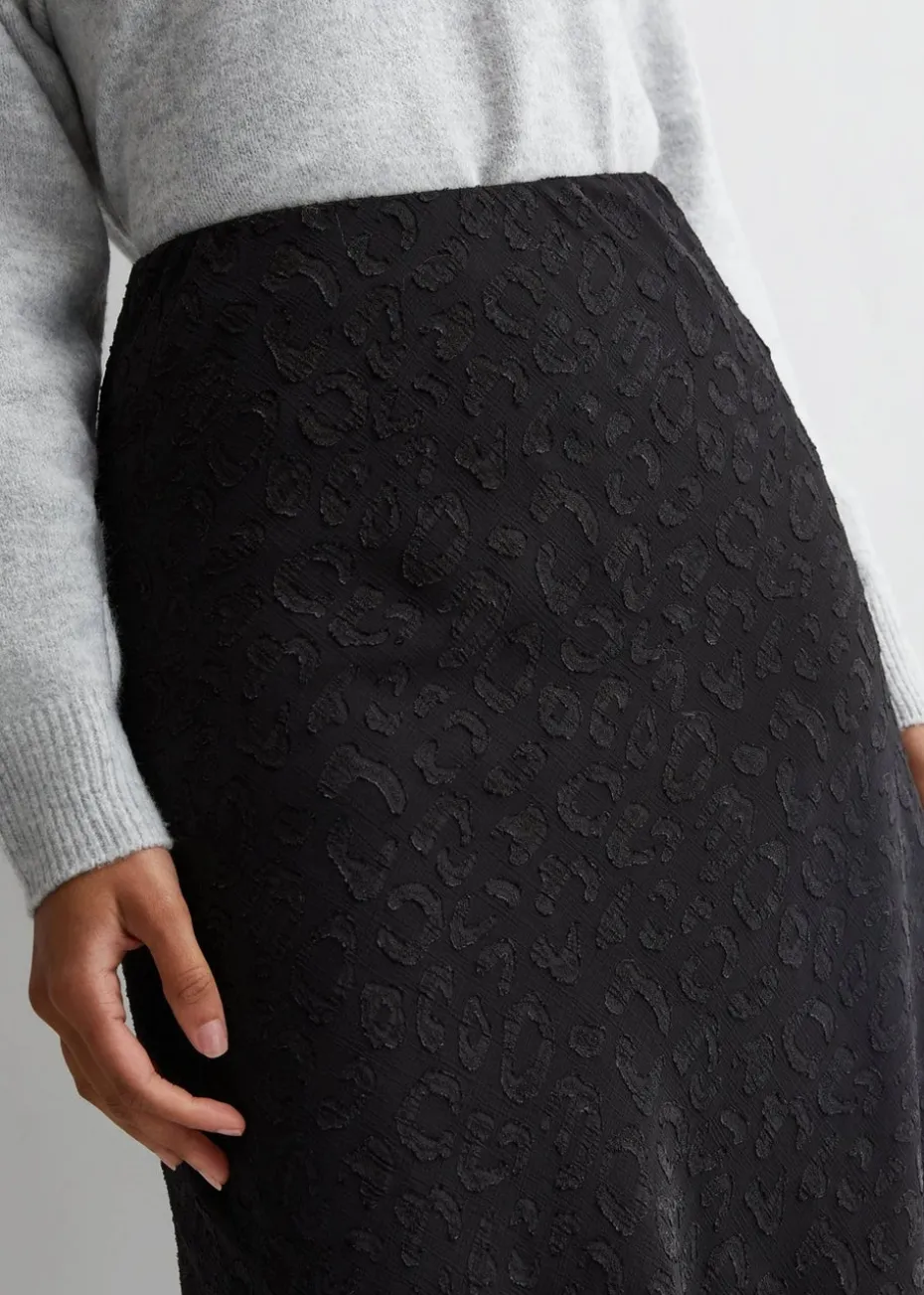 Gini London Black Animal Print Jacquard Bias Midi Skirt