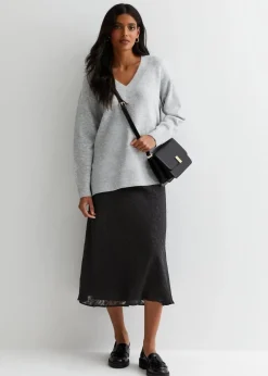 Gini London Black Animal Print Jacquard Bias Midi Skirt