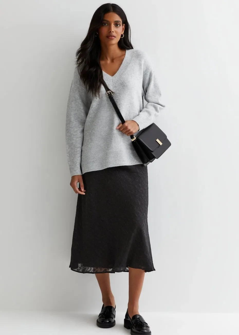 Gini London Black Animal Print Jacquard Bias Midi Skirt