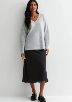 Gini London Black Animal Print Jacquard Bias Midi Skirt