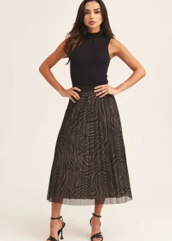 Gini London Black Animal Print Mesh Overlay Pleated Midi Skirt