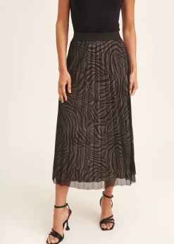 Gini London Black Animal Print Mesh Overlay Pleated Midi Skirt