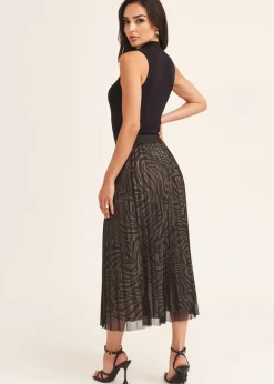 Gini London Black Animal Print Mesh Overlay Pleated Midi Skirt