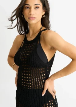 Gini London Black Crochet Knit Bodycon Slit Dress