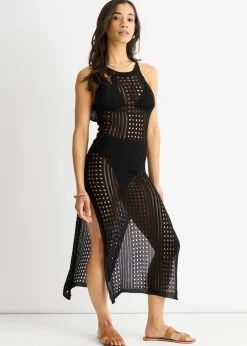 Gini London Black Crochet Knit Bodycon Slit Dress