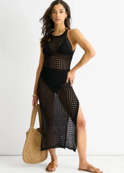 Gini London Black Crochet Knit Bodycon Slit Dress