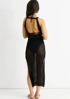 Gini London Black Crochet Knit Bodycon Slit Dress