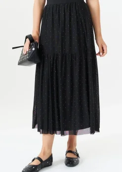 Gini London  Black Diamante Mesh Maxi Skirt