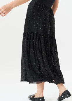 Gini London  Black Diamante Mesh Maxi Skirt