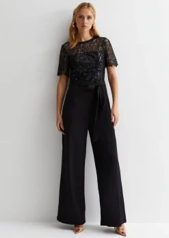 Gini London Black Floral Lace Sequin Belted Occasion Jumpsuit