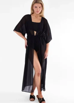 Gini London Black Flowy Open Front Beach Cover Kimono