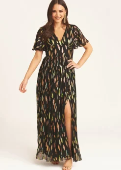 Gini London Black Multi Jacquard Angel Sleeves Maxi Dress