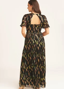 Gini London Black Multi Jacquard Angel Sleeves Maxi Dress