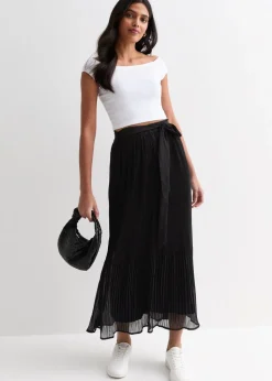 Gini London Black Pleated Belt Detail Midi Skirt