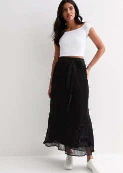 Gini London Black Pleated Belt Detail Midi Skirt