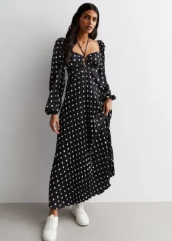 Gini London Black Polka Dot Pleated Cut Out Maxi Dress