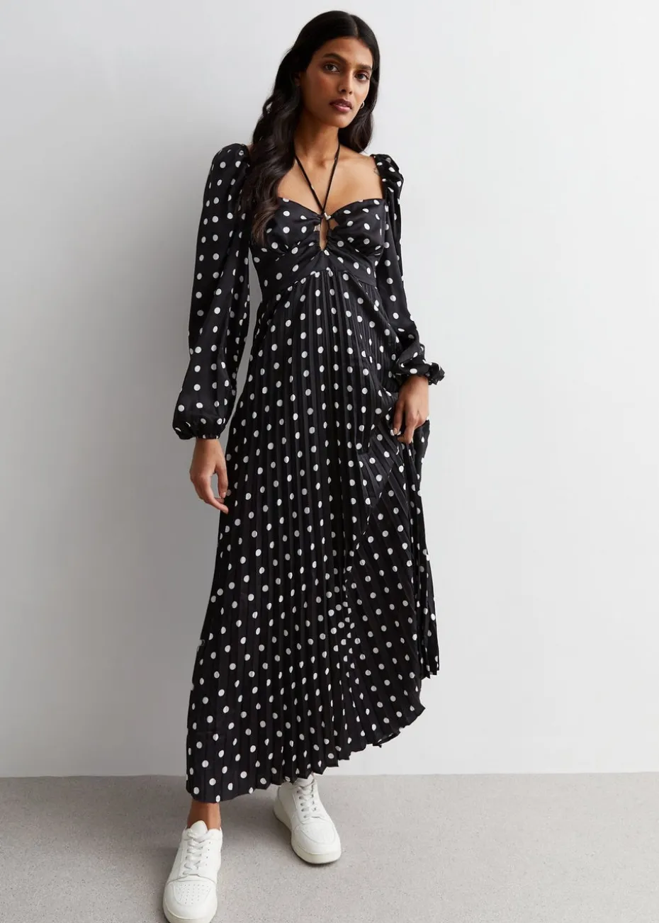 Gini London Black Polka Dot Pleated Cut Out Maxi Dress