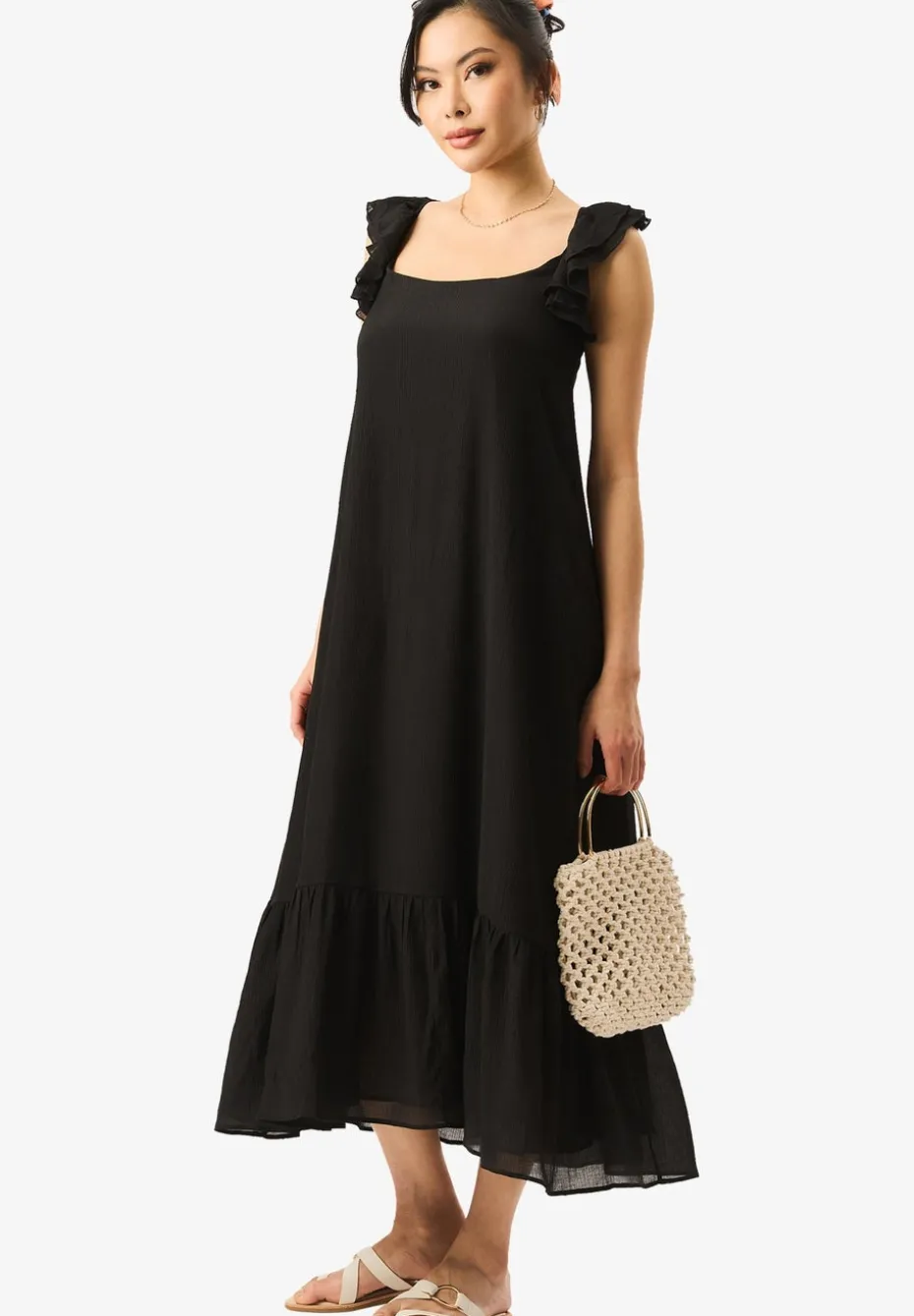 Gini London Black Ruffle Short Sleeve Maxi Dress