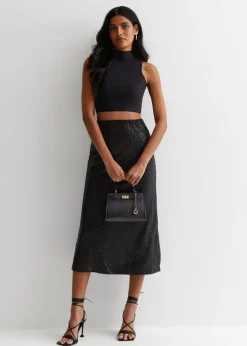 Gini London Black Sequin Bias Midi Skirt