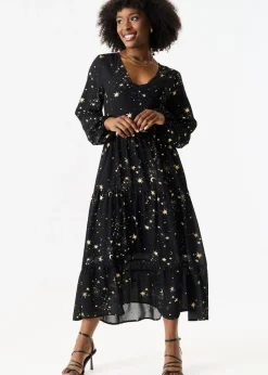 Gini London Black Star Print Smock Maxi Dress