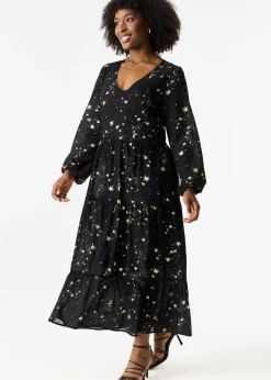 Gini London Black Star Print Smock Maxi Dress