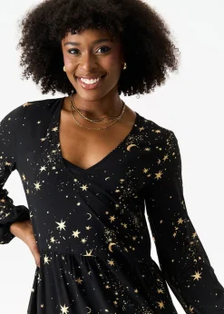 Gini London Black Star Print Smock Maxi Dress