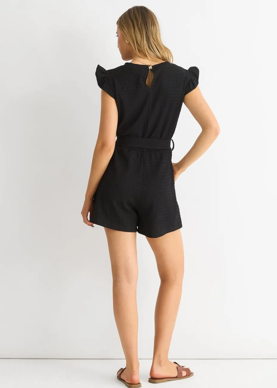 Gini London Black Stretch Texture Frill Elasticated Waist Playsuit