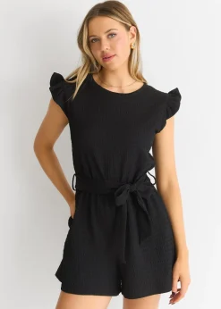 Gini London Black Stretch Texture Frill Elasticated Waist Playsuit