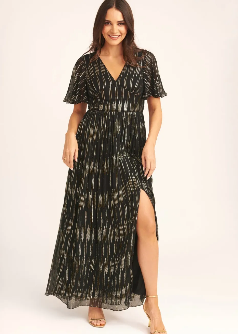 Gini London Black Stripe Foil Angel Sleeves Maxi Dress