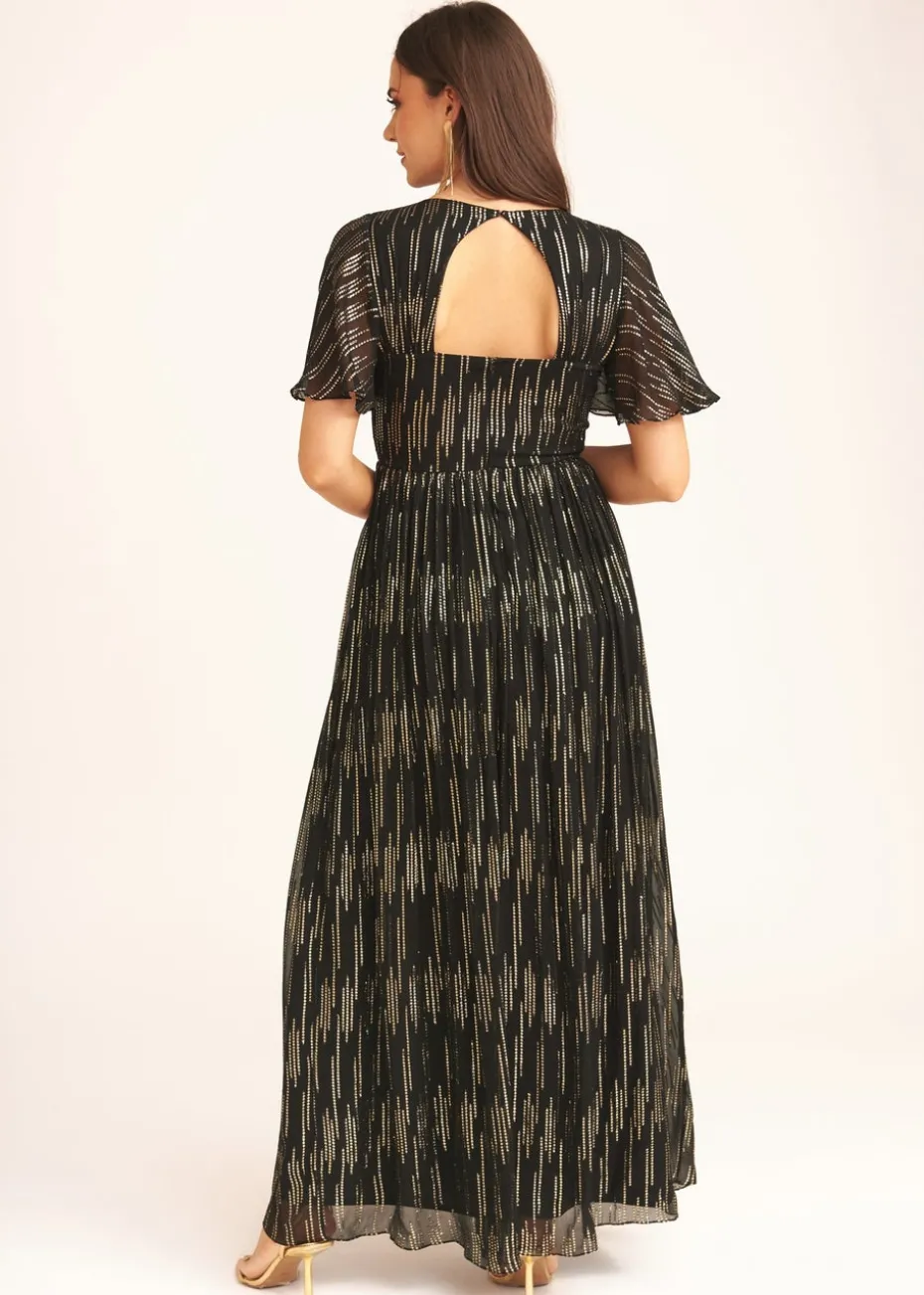 Gini London Black Stripe Foil Angel Sleeves Maxi Dress