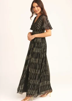 Gini London Black Stripe Foil Angel Sleeves Maxi Dress