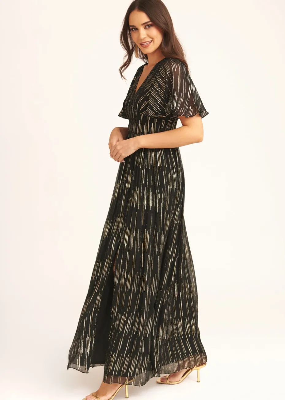 Gini London Black Stripe Foil Angel Sleeves Maxi Dress