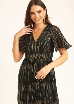 Gini London Black Stripe Foil Angel Sleeves Maxi Dress